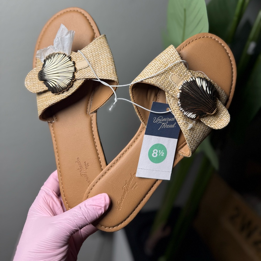 Universal Tan Woven Slide Sandals with Gold Shell Accent